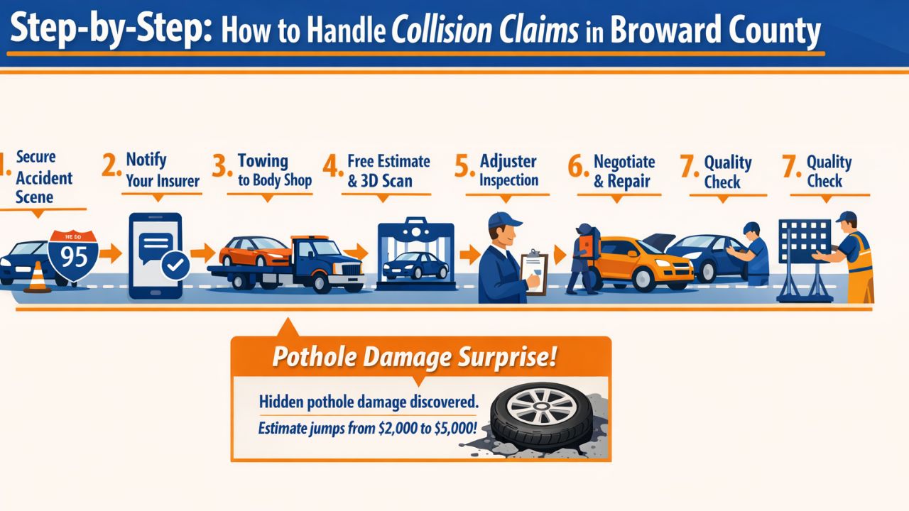 Step-by-step collision insurance claim process infographic for Broward County showing accident reporting, towing, estimate, adjuster inspection, and vehicle repair.