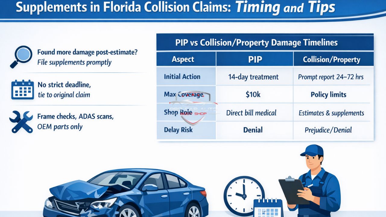Florida collision claim supplements infographic showing timing, PIP vs property damage timelines, and importance of filing supplements promptly after hidden damage is found.