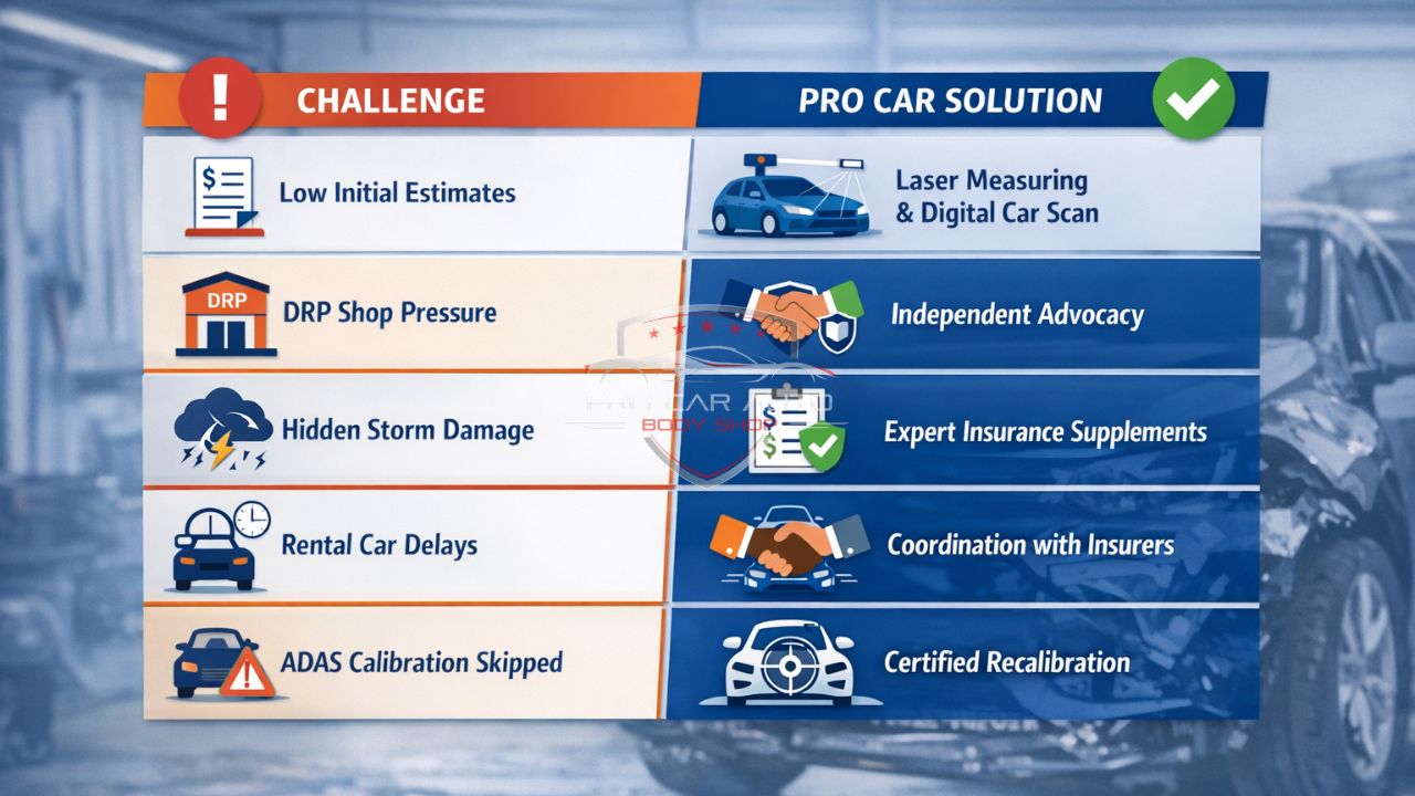 Fort Lauderdale insurance claim challenges vs collision repair solutions infographic showing low estimates, DRP pressure, hidden damage, and ADAS calibration issues.