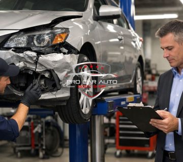 Tampa auto body shop handling insurance claim repair with technician fixing front end collision damage while adjuster reviews estimate 