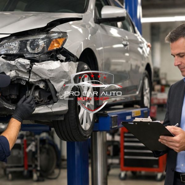 Tampa auto body shop handling insurance claim repair with technician fixing front end collision damage while adjuster reviews estimate 