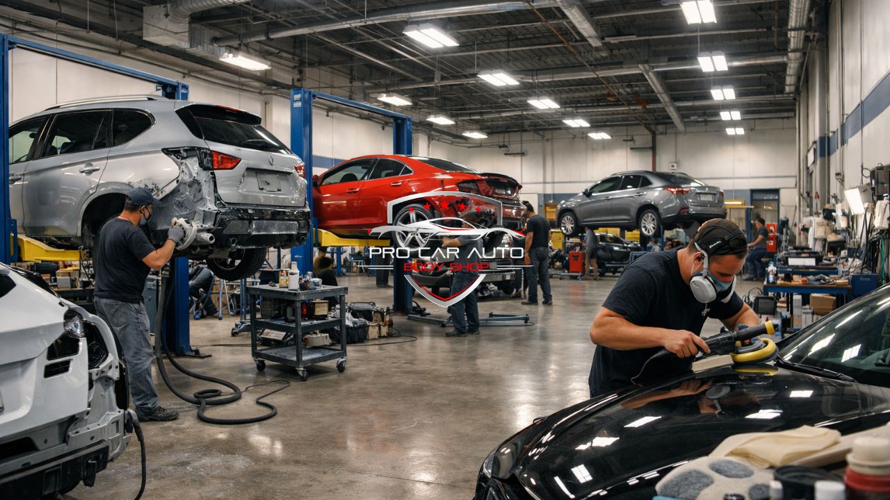 Tampa auto body shop performing insurance claim collision repair with technicians repairing damaged vehicles on lifts inside professional body shop.