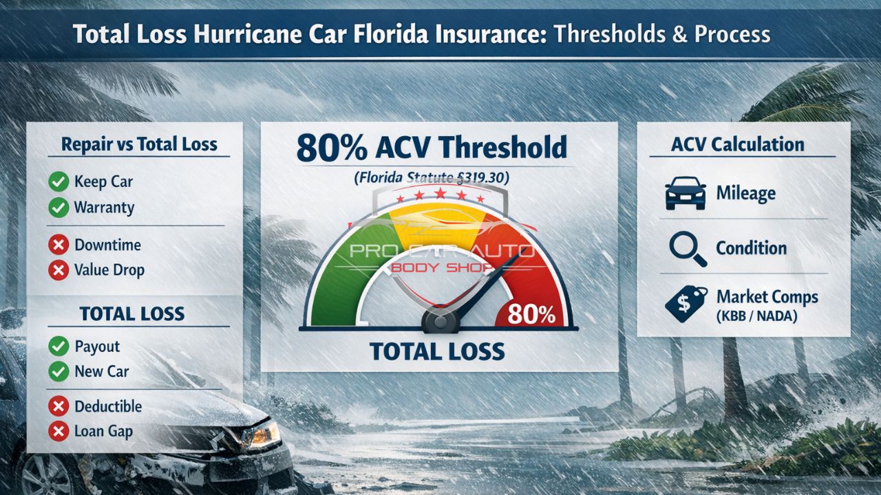 Total loss hurricane car insurance Florida showing 80 percent ACV threshold, repair vs total loss comparison, and vehicle valuation factors.