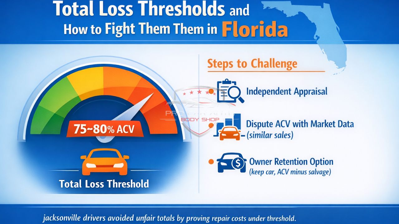 Florida total loss threshold infographic showing 75–80% ACV rule and steps to challenge insurance total loss decisions.