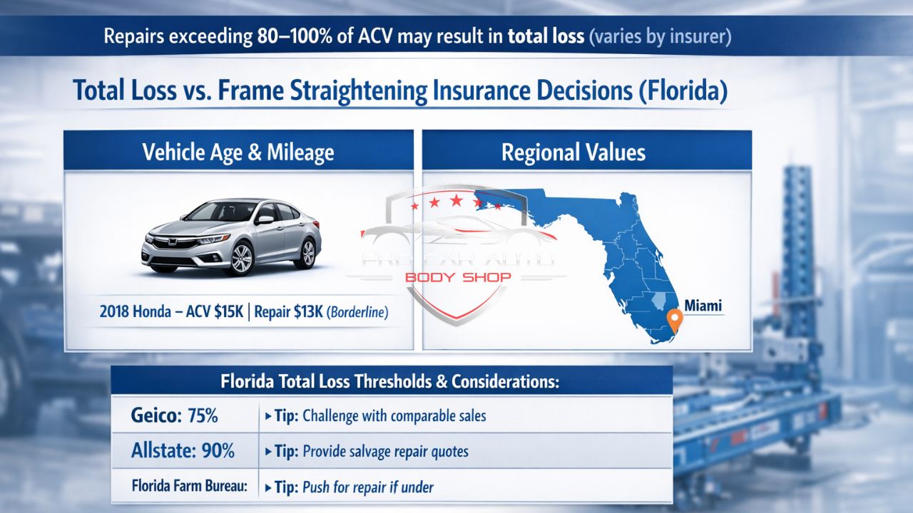 Total loss vs frame straightening insurance decision in Florida showing ACV thresholds, repair costs, and insurer guidelines for vehicle damage.