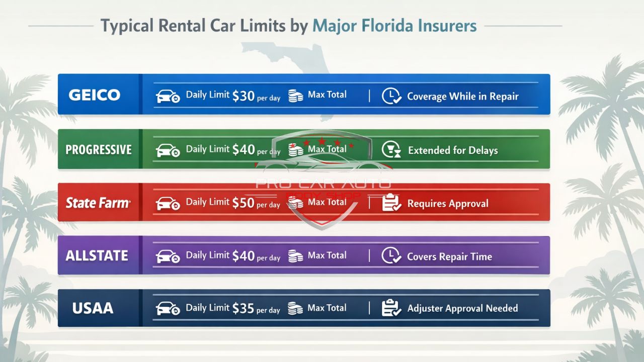 Florida insurance rental car coverage limits infographic showing GEICO, Progressive, State Farm, Allstate, and USAA daily limits and claim conditions.