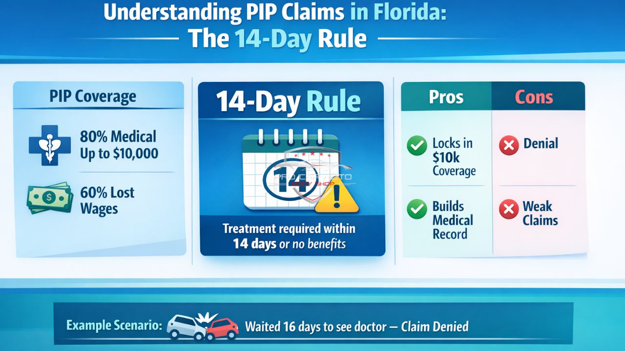 Florida PIP insurance 14-day rule infographic showing medical coverage limits, lost wage benefits, and requirement to seek treatment within 14 days after an accident.