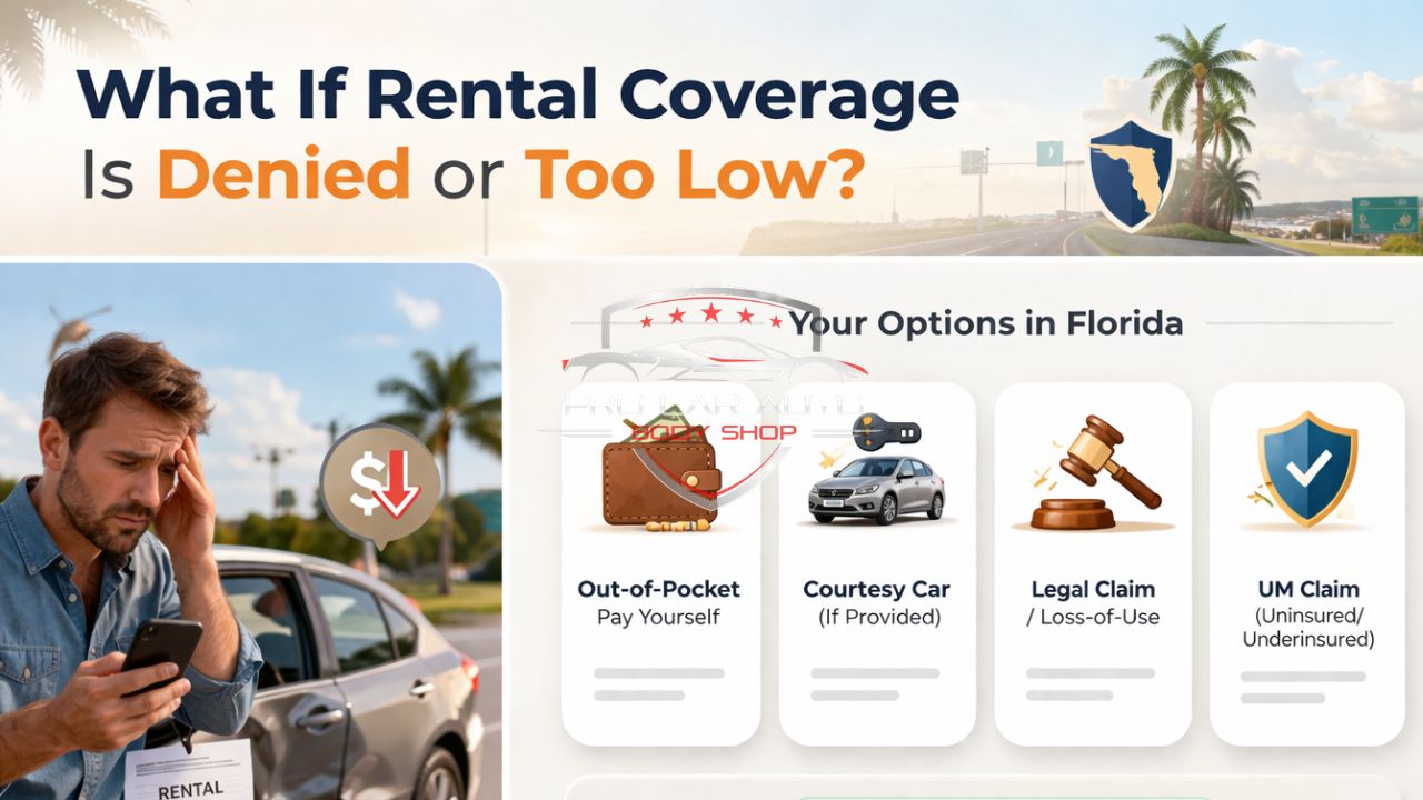 Rental car coverage denied or too low infographic showing Florida driver options including out-of-pocket payment, courtesy car, legal claim, and uninsured motorist claim.
