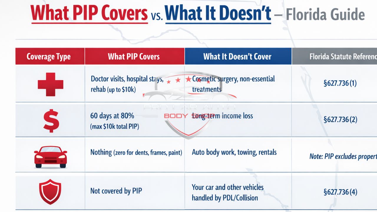 Infographic explaining what Florida PIP insurance covers vs. what it does not cover, including medical expenses, lost wages, exclusions for auto body repairs, and Florida statute 627.736 references.