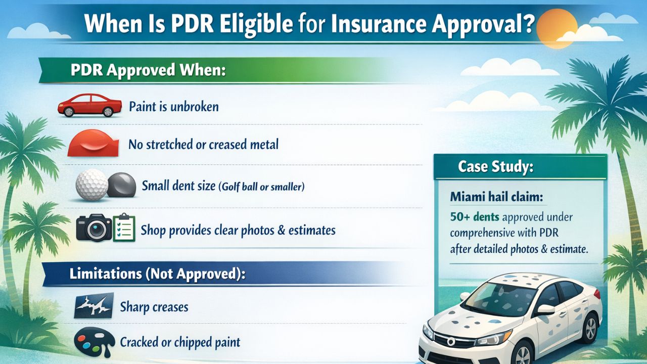 When paintless dent repair is eligible for insurance approval in Florida showing conditions like intact paint, small dents, and no metal creasing.