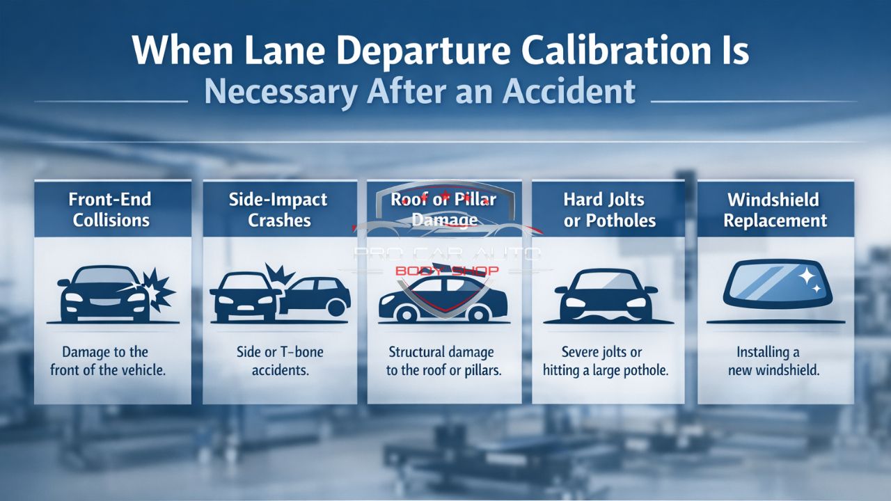 Infographic showing when lane departure calibration is required after accidents including front-end collisions, side impacts, structural damage, potholes, and windshield replacement.