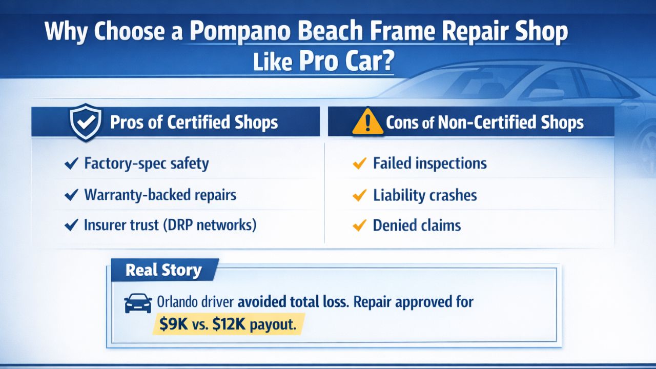 Pompano Beach frame repair shop infographic comparing certified vs non-certified auto body shops, highlighting factory-spec safety, warranty-backed repairs, and risks of denied insurance claims in Florida.