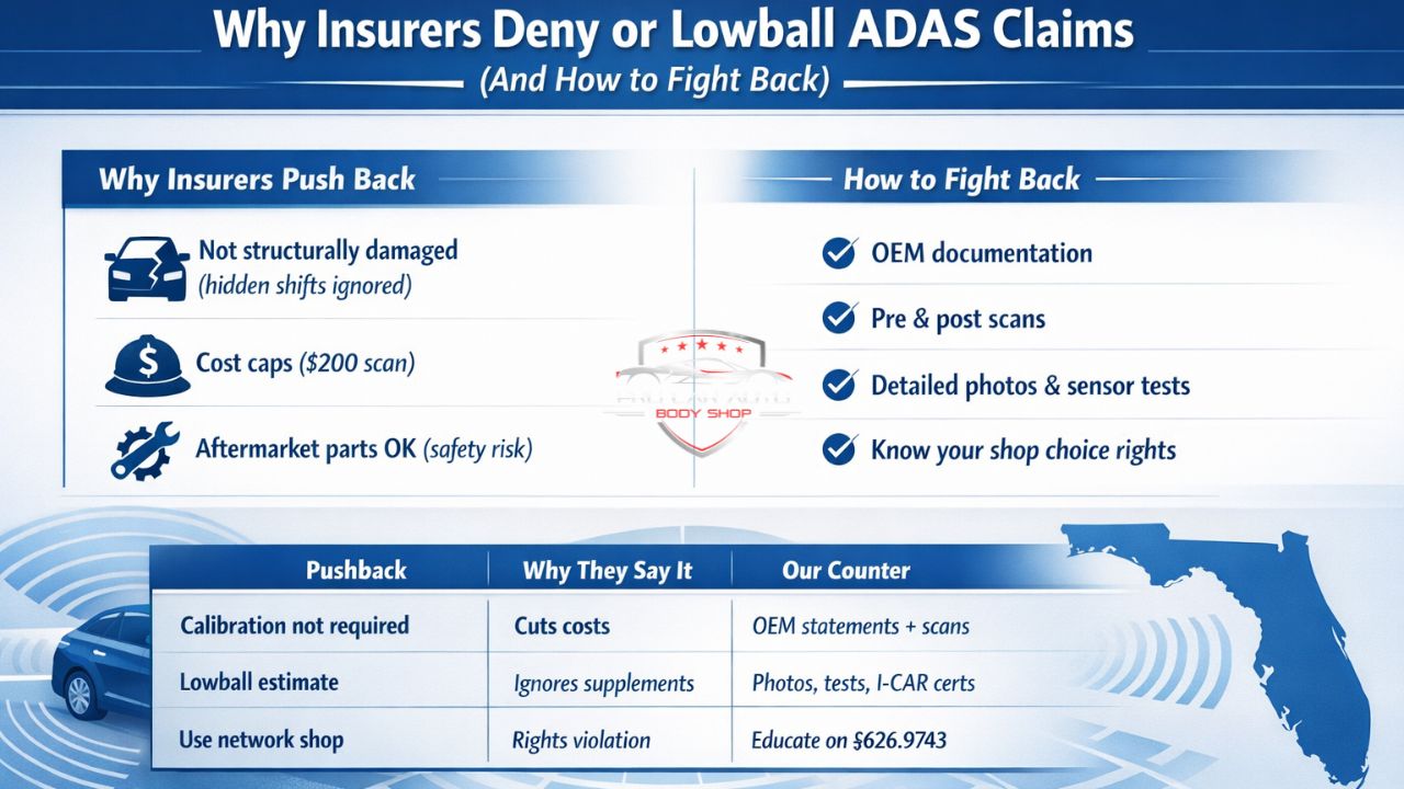 Why insurance companies deny or underpay ADAS repair claims in Florida and how to fight back with OEM documentation, scans, and proper estimates.