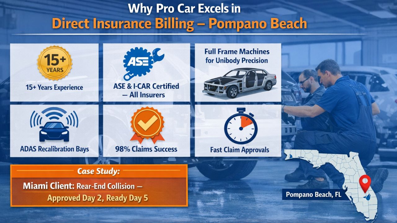 Pro Car Auto Body shop in Pompano Beach offering direct insurance billing with ASE certified technicians, fast claim approvals, and high insurance claim success rate.